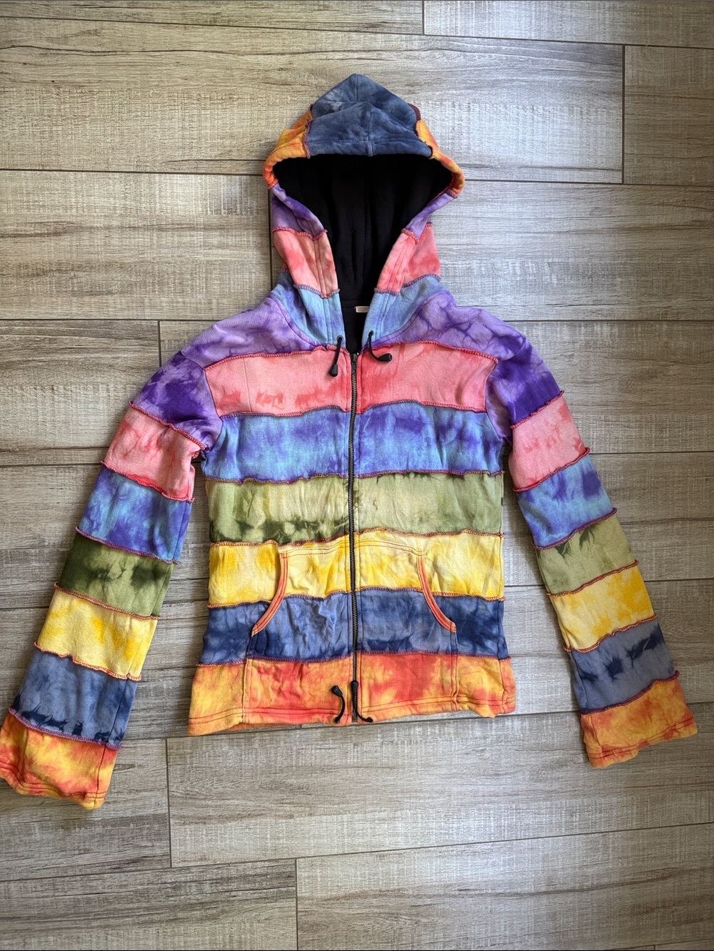Vintage 90s Y2K Rainbow Tie-Dye Patchwork Fleece Hoodie XL Made in Nepal Boho
